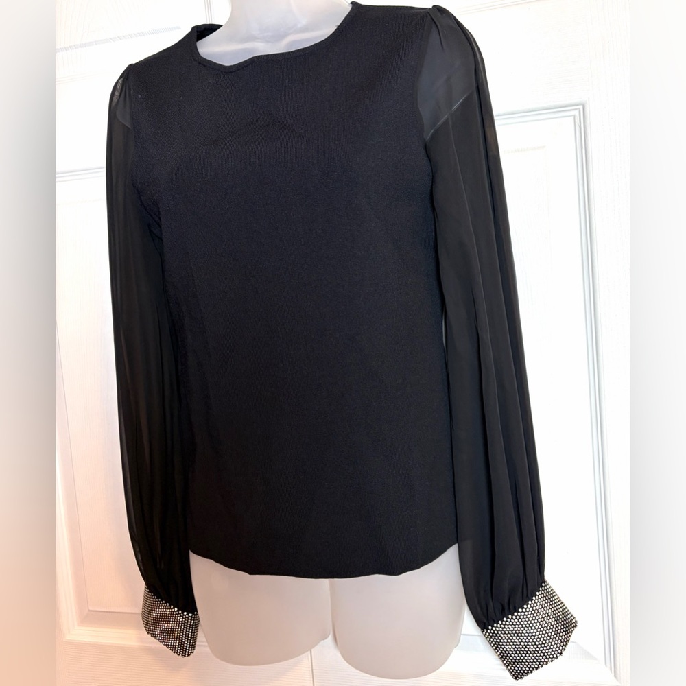 Karen Millen Sweater Black Embellished Chiffon Sleeves Rhinestones Black Medium - Picture 16 of 16